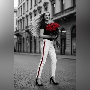 Zara white jeans with red racing stripe